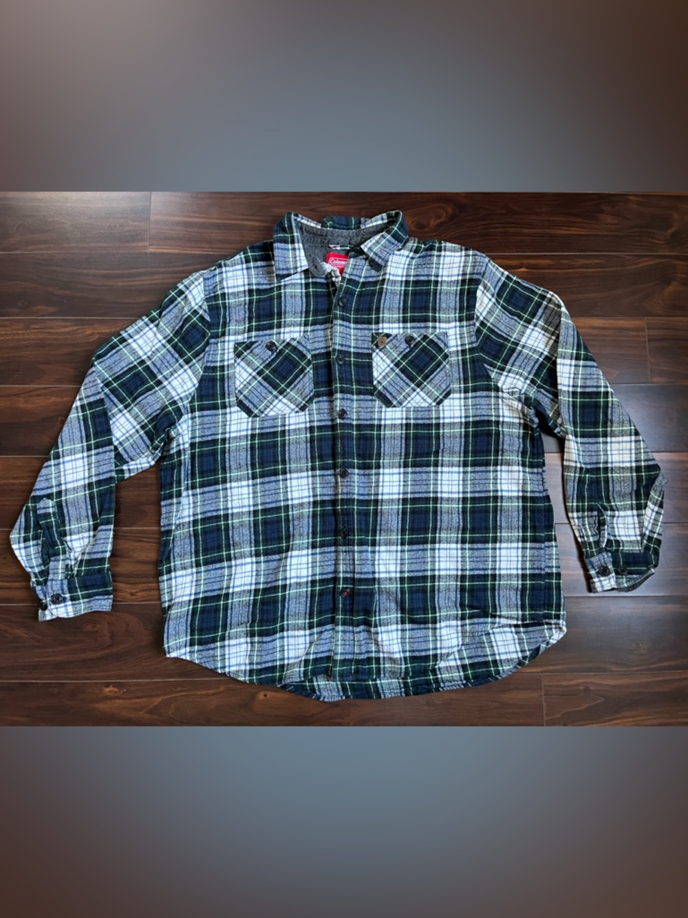 Coleman Men’s Green, Blue and White Plaid Button-Down Shirt, XXL, EUC